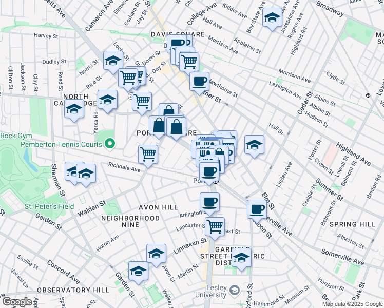 map of restaurants, bars, coffee shops, grocery stores, and more near 1972 Massachusetts Avenue in Cambridge