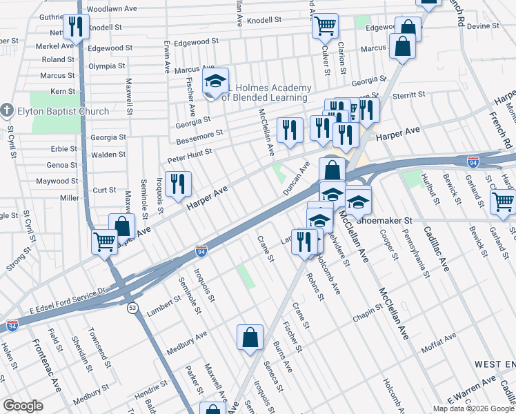 map of restaurants, bars, coffee shops, grocery stores, and more near 6233 Rohns Street in Detroit