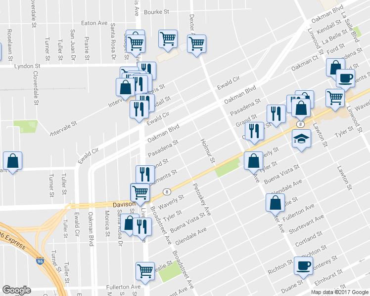 map of restaurants, bars, coffee shops, grocery stores, and more near 4092 Grand Street in Detroit