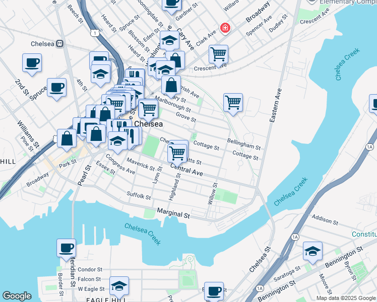 map of restaurants, bars, coffee shops, grocery stores, and more near 119 Highland Street in Chelsea