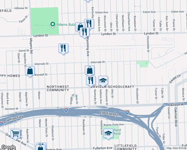 map of restaurants, bars, coffee shops, grocery stores, and more near 14003 Kentucky Street in Detroit