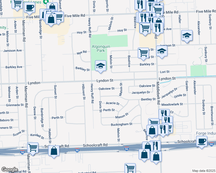 map of restaurants, bars, coffee shops, grocery stores, and more near 30230 Oakview Street in Livonia