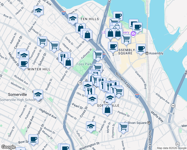 map of restaurants, bars, coffee shops, grocery stores, and more near 17 Kensington Avenue in Somerville