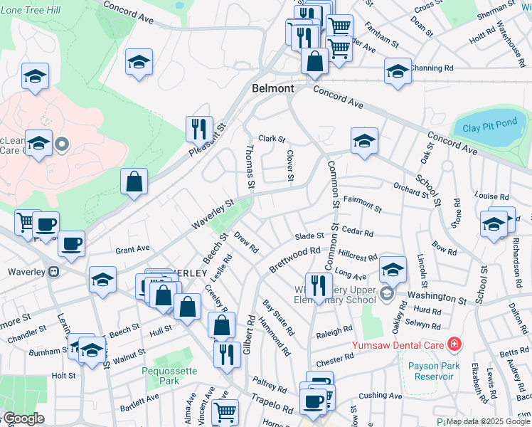 map of restaurants, bars, coffee shops, grocery stores, and more near 273 Orchard Street in Belmont