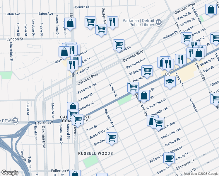 map of restaurants, bars, coffee shops, grocery stores, and more near 4017 Grand Street in Detroit