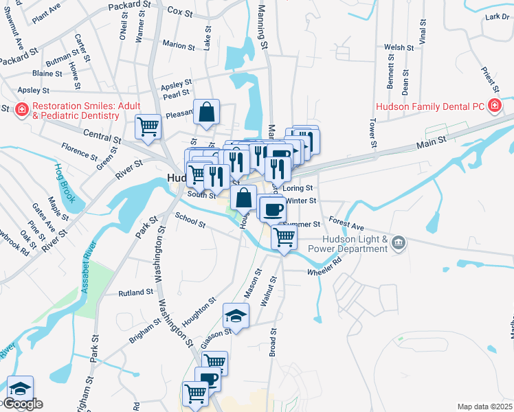 map of restaurants, bars, coffee shops, grocery stores, and more near 19 Houghton Court in Hudson