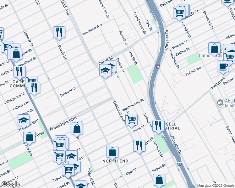 map of restaurants, bars, coffee shops, grocery stores, and more near 9700 Oakland Avenue in Detroit