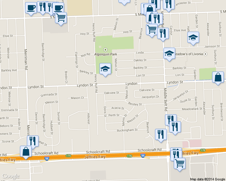 map of restaurants, bars, coffee shops, grocery stores, and more near 30230 Oakview Street in Livonia