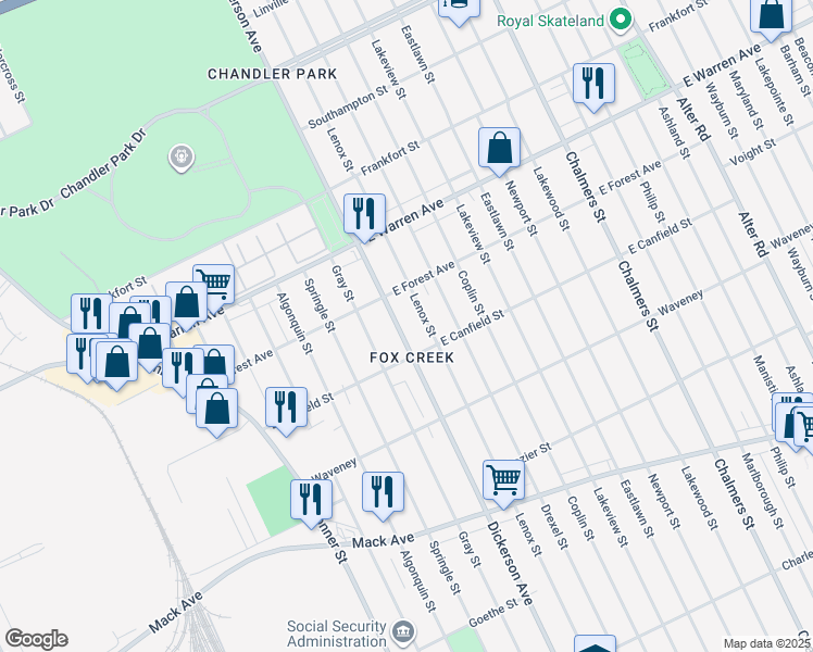 map of restaurants, bars, coffee shops, grocery stores, and more near 4648 Dickerson Avenue in Detroit