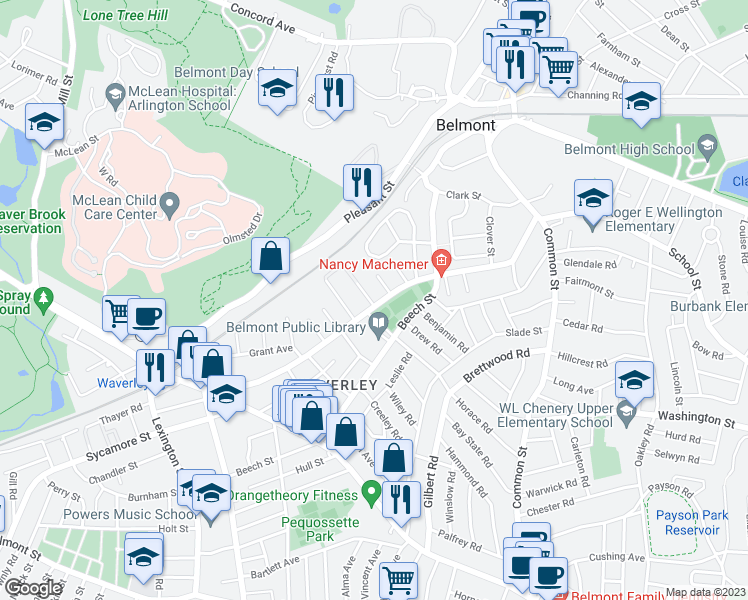 map of restaurants, bars, coffee shops, grocery stores, and more near 172 Waverley Street in Belmont