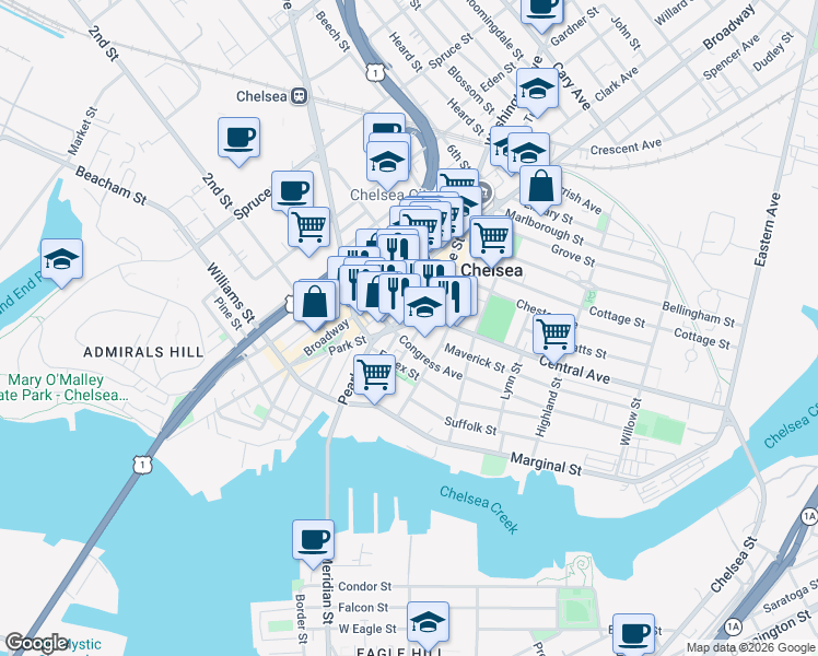 map of restaurants, bars, coffee shops, grocery stores, and more near 99 Hawthorne Street in Chelsea