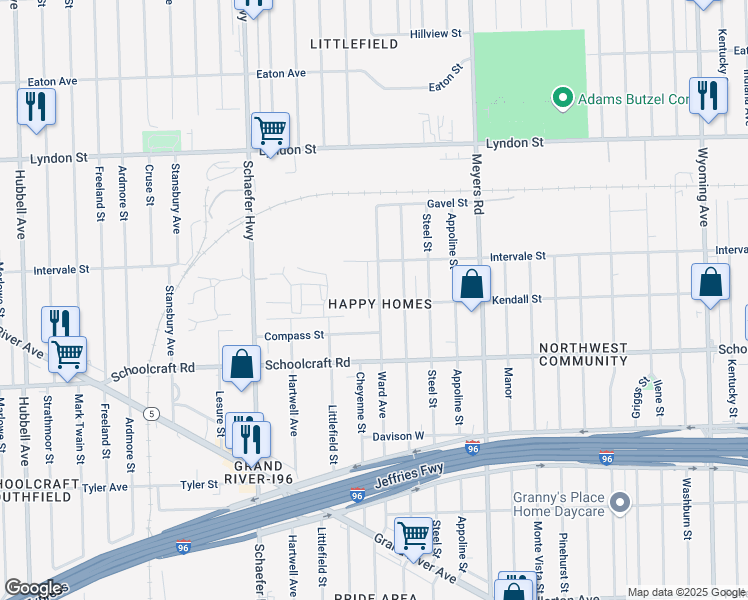 map of restaurants, bars, coffee shops, grocery stores, and more near 14101 Ward Avenue in Detroit