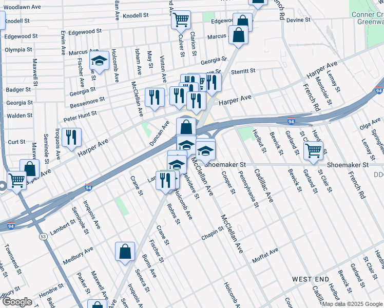 map of restaurants, bars, coffee shops, grocery stores, and more near 9239 Gratiot Avenue in Detroit
