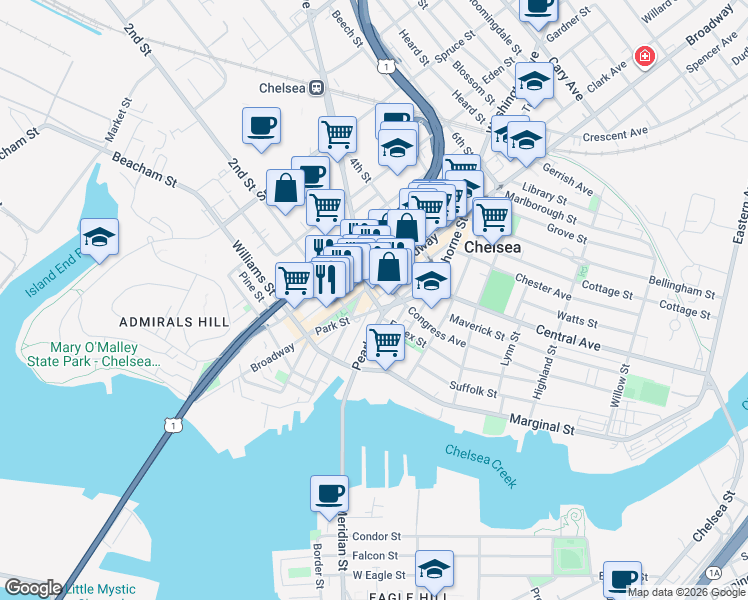 map of restaurants, bars, coffee shops, grocery stores, and more near 11 Cross Street in Chelsea