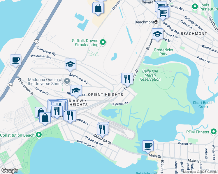 map of restaurants, bars, coffee shops, grocery stores, and more near in Boston