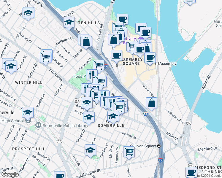 map of restaurants, bars, coffee shops, grocery stores, and more near 11 Connecticut Avenue in Somerville