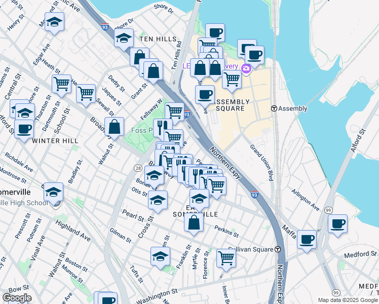 map of restaurants, bars, coffee shops, grocery stores, and more near 38 Cross Street East in Somerville