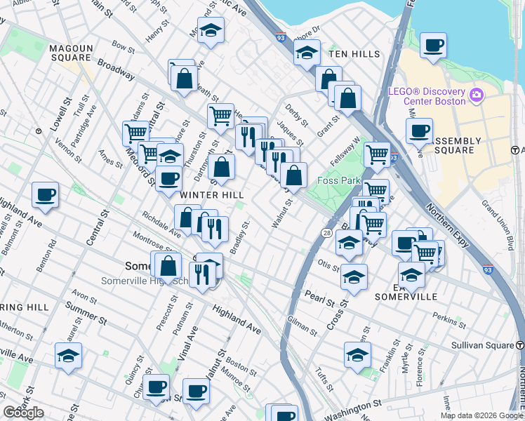 map of restaurants, bars, coffee shops, grocery stores, and more near 47 Sargent Avenue in Somerville