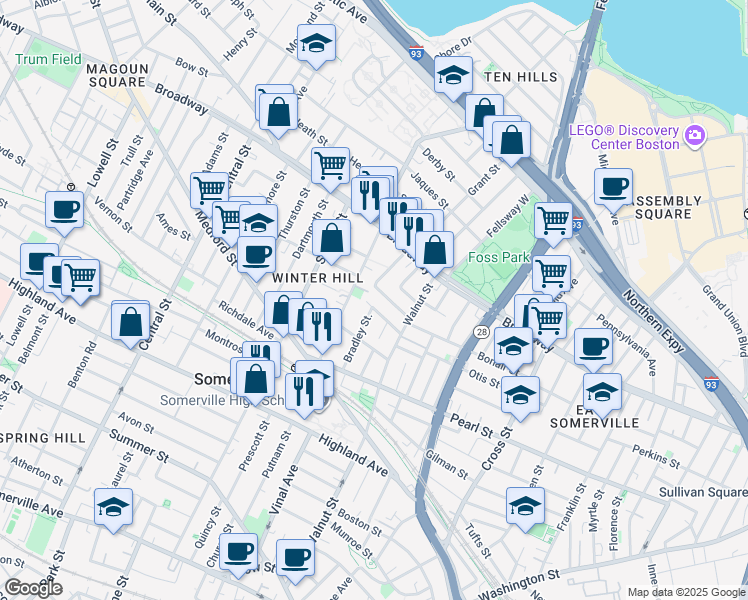 map of restaurants, bars, coffee shops, grocery stores, and more near 60B Marshall Street in Somerville