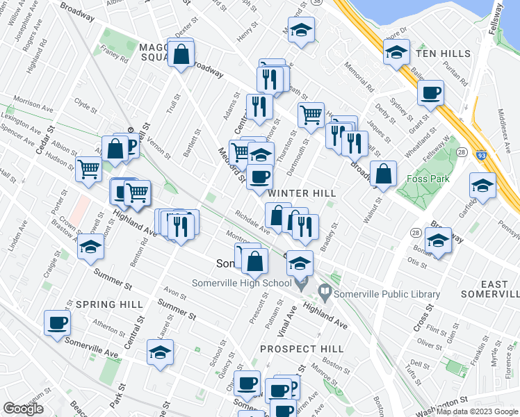 map of restaurants, bars, coffee shops, grocery stores, and more near 9 Thurston Street in Somerville