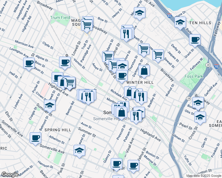 map of restaurants, bars, coffee shops, grocery stores, and more near 55 Richdale Avenue in Somerville
