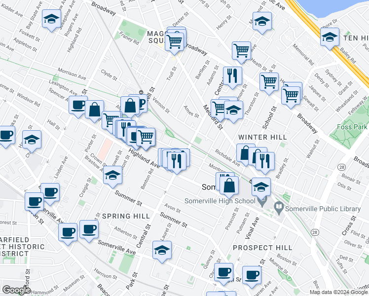 map of restaurants, bars, coffee shops, grocery stores, and more near 7 Albion Street in Somerville