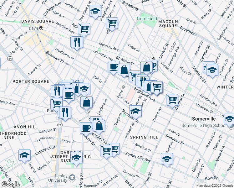map of restaurants, bars, coffee shops, grocery stores, and more near 9 Porter Avenue in Somerville