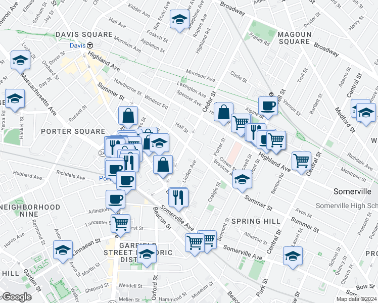 map of restaurants, bars, coffee shops, grocery stores, and more near 53 Cedar Street in Somerville