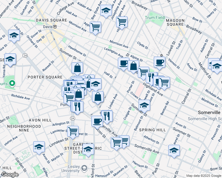 map of restaurants, bars, coffee shops, grocery stores, and more near 53 Cedar Street in Somerville