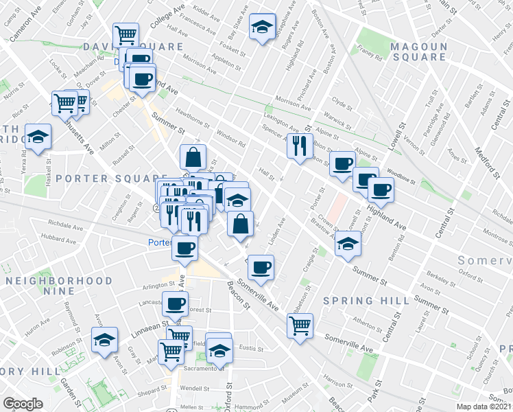 map of restaurants, bars, coffee shops, grocery stores, and more near 21 Ashland Street in Somerville