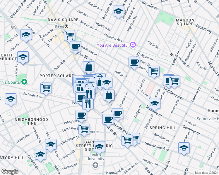 map of restaurants, bars, coffee shops, grocery stores, and more near 21 Ashland Street in Somerville