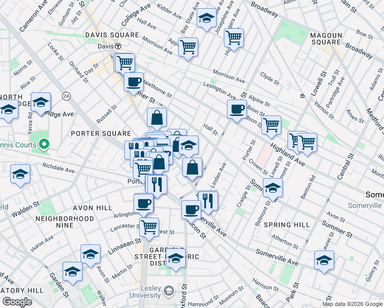 map of restaurants, bars, coffee shops, grocery stores, and more near 21 Ashland Street in Somerville
