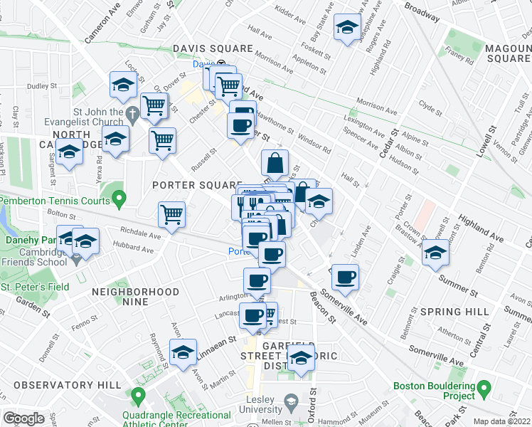 map of restaurants, bars, coffee shops, grocery stores, and more near 19 Davenport Street in Cambridge