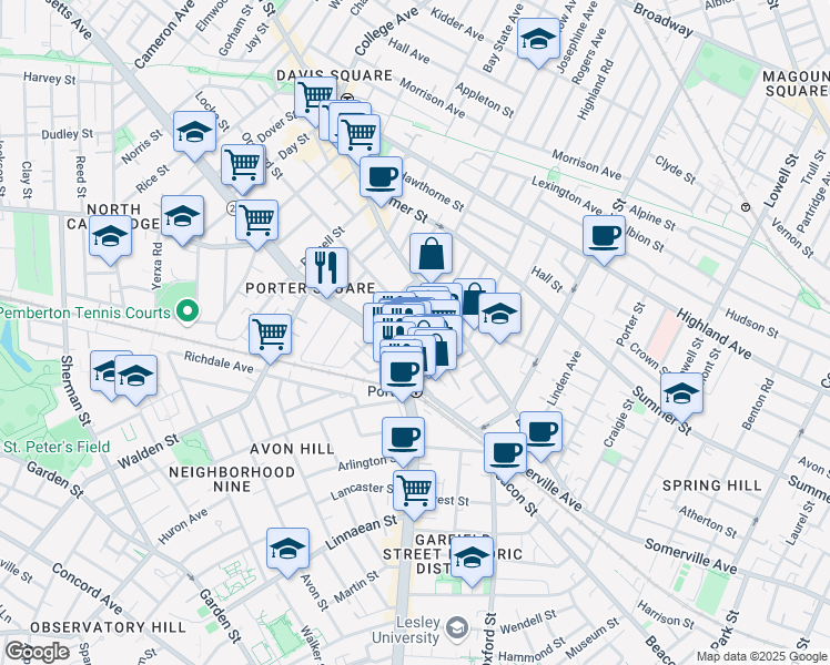 map of restaurants, bars, coffee shops, grocery stores, and more near 19 Davenport Street in Cambridge