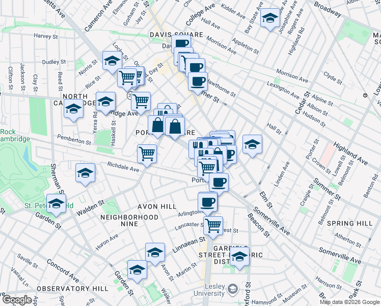 map of restaurants, bars, coffee shops, grocery stores, and more near 1972 Massachusetts Avenue in Cambridge