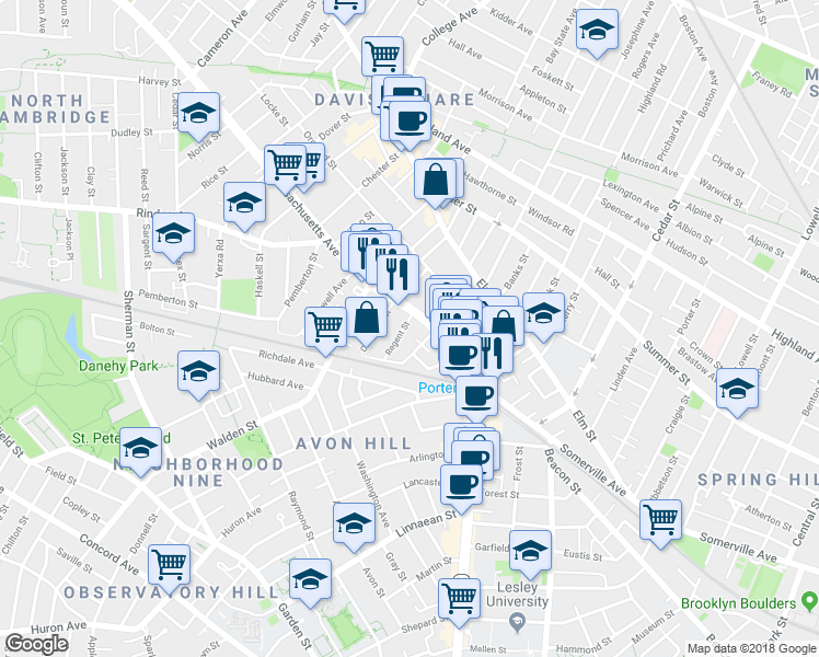 map of restaurants, bars, coffee shops, grocery stores, and more near 1972 Massachusetts Avenue in Cambridge