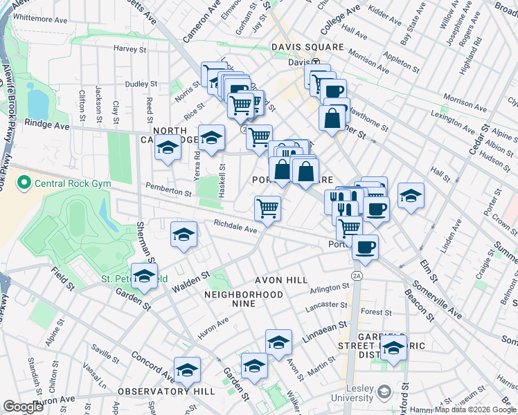 map of restaurants, bars, coffee shops, grocery stores, and more near 26 Mead Street in Cambridge