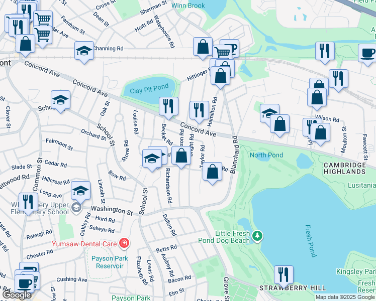 map of restaurants, bars, coffee shops, grocery stores, and more near 60 Watson Road in Belmont