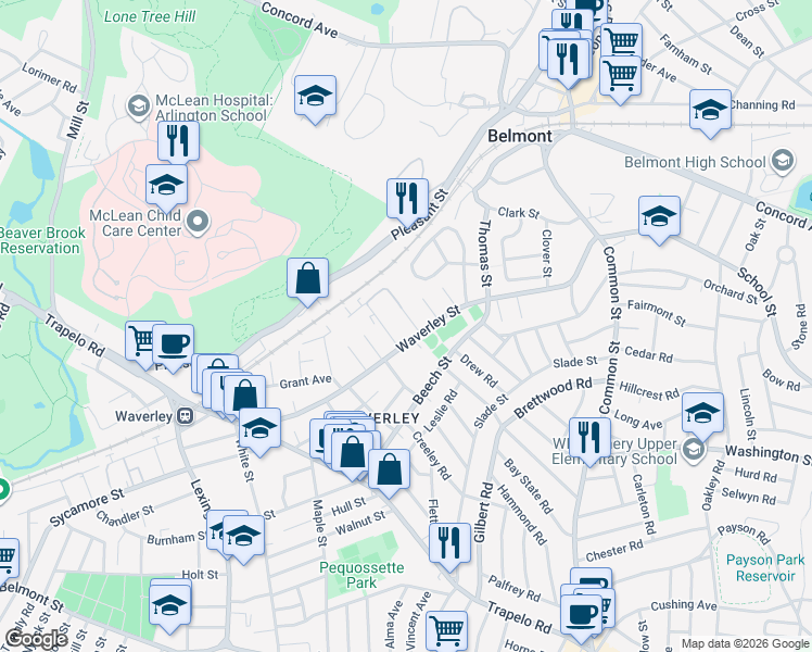 map of restaurants, bars, coffee shops, grocery stores, and more near 13 Prince Street in Belmont