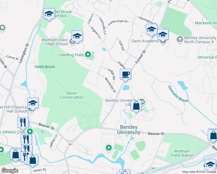 map of restaurants, bars, coffee shops, grocery stores, and more near 38 Woodcliff Drive in Waltham