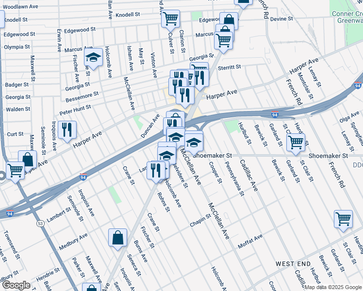map of restaurants, bars, coffee shops, grocery stores, and more near 9239 Gratiot Avenue in Detroit