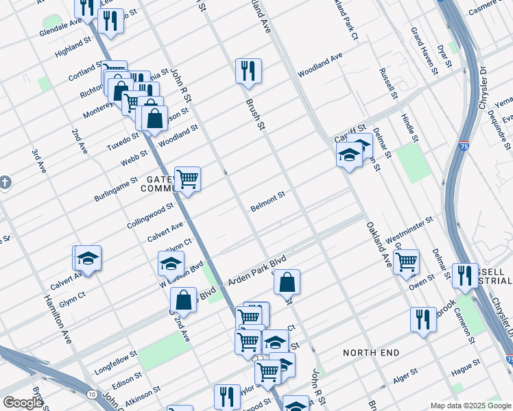 map of restaurants, bars, coffee shops, grocery stores, and more near 227 Belmont Street in Detroit