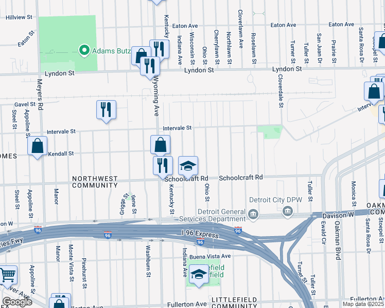 map of restaurants, bars, coffee shops, grocery stores, and more near 13996 Indiana Street in Detroit