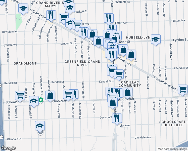 map of restaurants, bars, coffee shops, grocery stores, and more near 14144 Prevost Street in Detroit