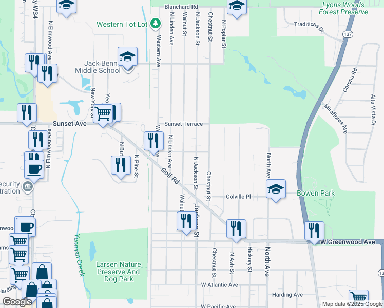 map of restaurants, bars, coffee shops, grocery stores, and more near 823 Longview Road in Waukegan