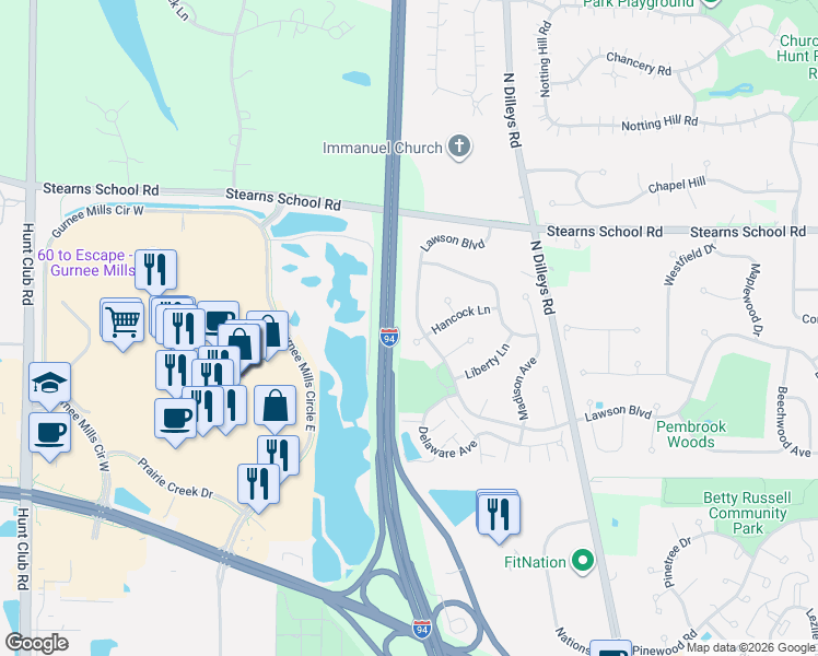 map of restaurants, bars, coffee shops, grocery stores, and more near 5886 Hancock Lane in Gurnee