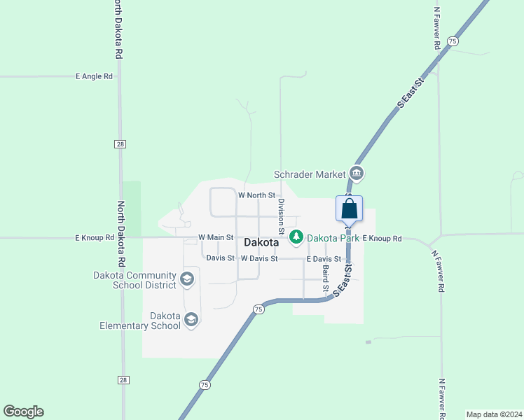 map of restaurants, bars, coffee shops, grocery stores, and more near 205 North West Street in Dakota