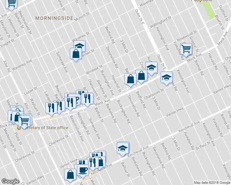map of restaurants, bars, coffee shops, grocery stores, and more near 3432 Buckingham in Detroit