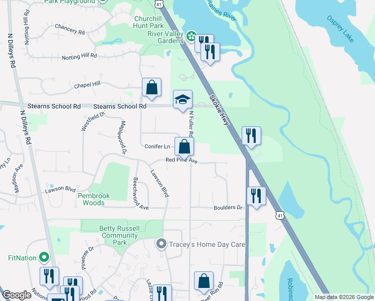 map of restaurants, bars, coffee shops, grocery stores, and more near 2005 Fuller Road in Gurnee