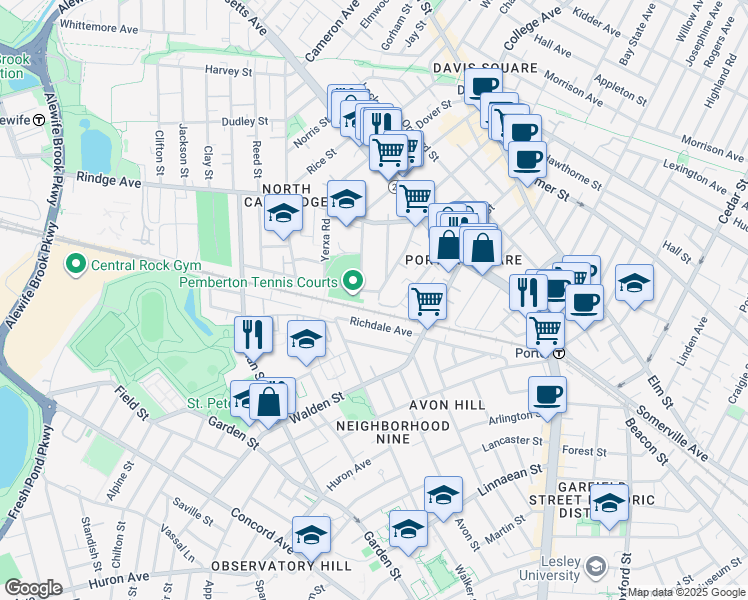 map of restaurants, bars, coffee shops, grocery stores, and more near 93 Pemberton Court in Cambridge